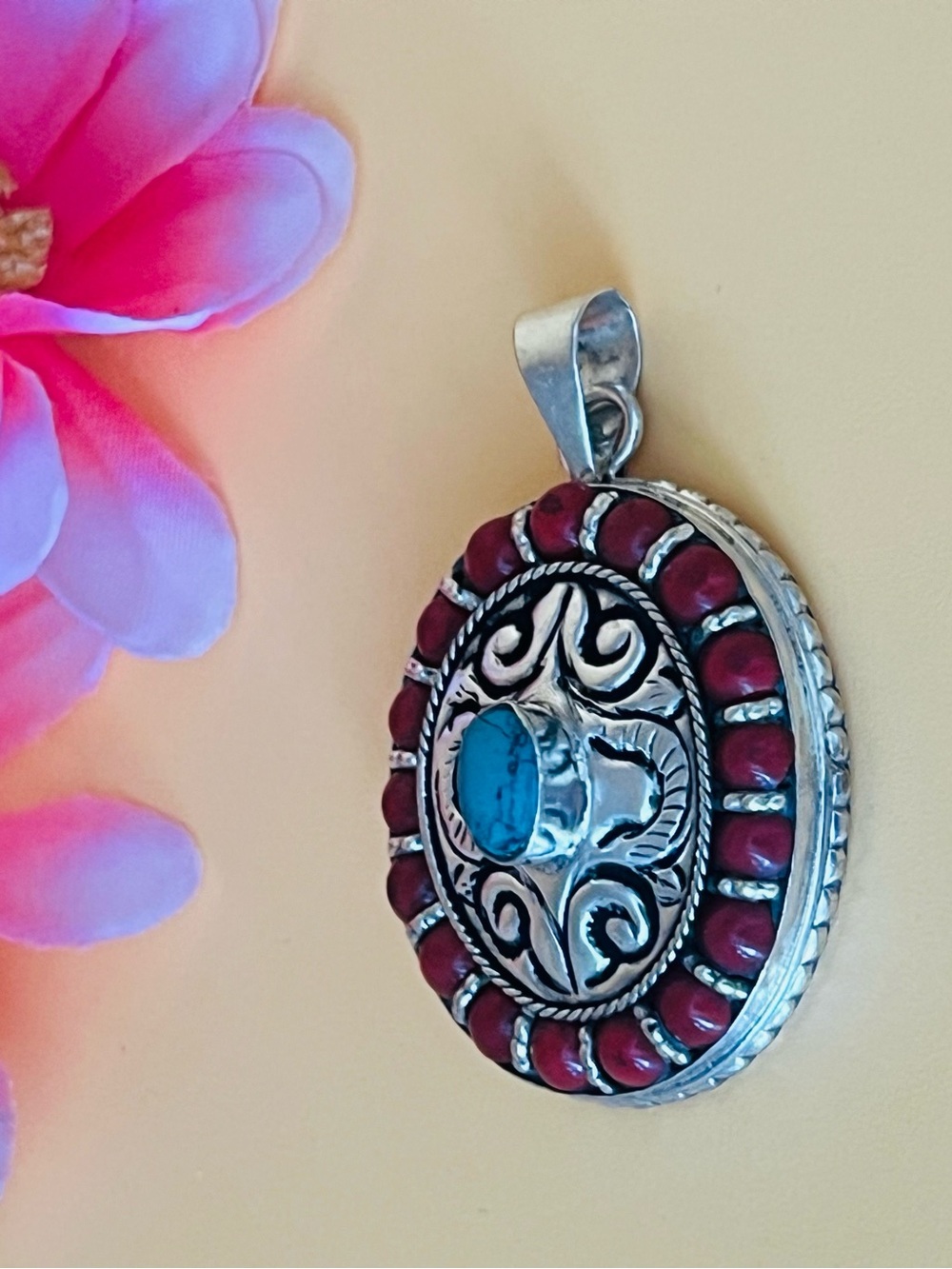 Blue Turquoise  Coral Tibetan Nepalese Hanmade Vintage Oval  Pendant only